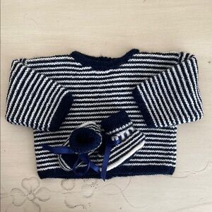 Hand Knit Striped Navy and White Baby Sweater with Booties